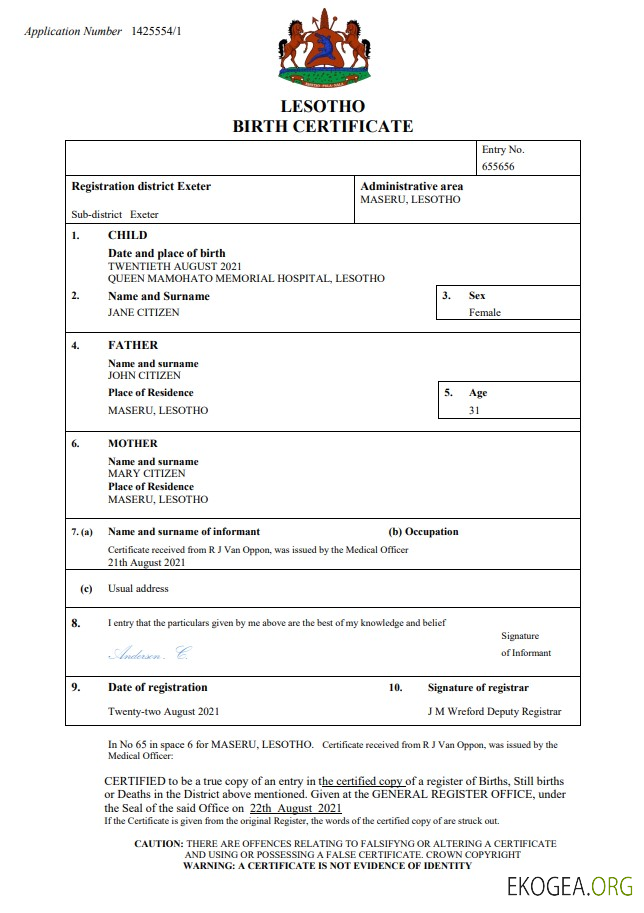 Modèle Word et PDF d'acte de naissance du Lesotho